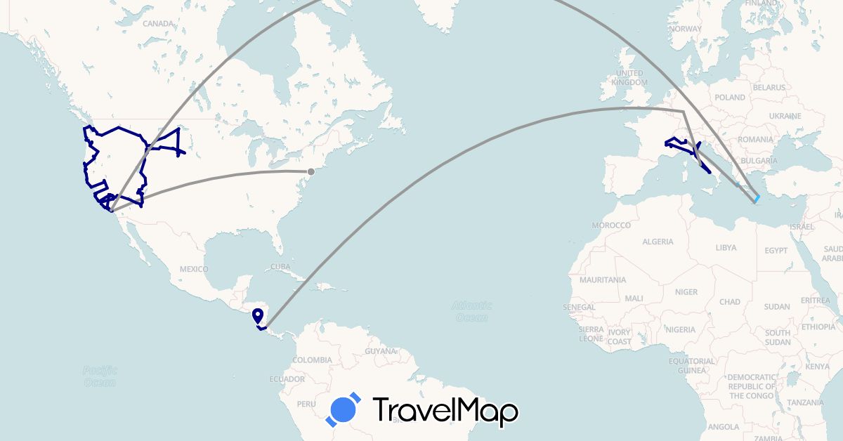 TravelMap itinerary: driving, plane, boat in Costa Rica, Germany, France, Greece, Italy, United States (Europe, North America)